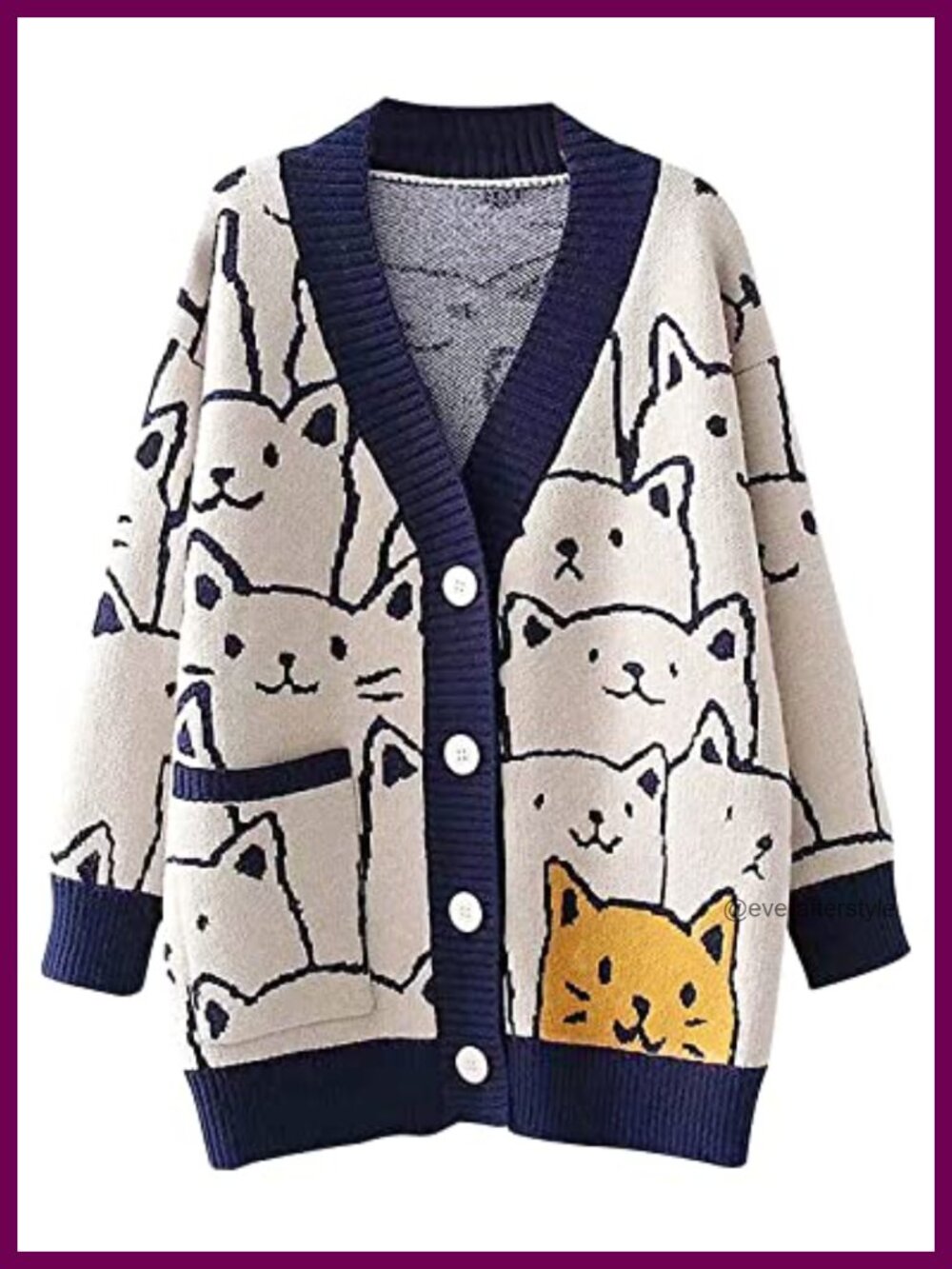 Oversized Cat Print V-Neck Button Down Knit Cardigan Sweater Kawaii Cartoon